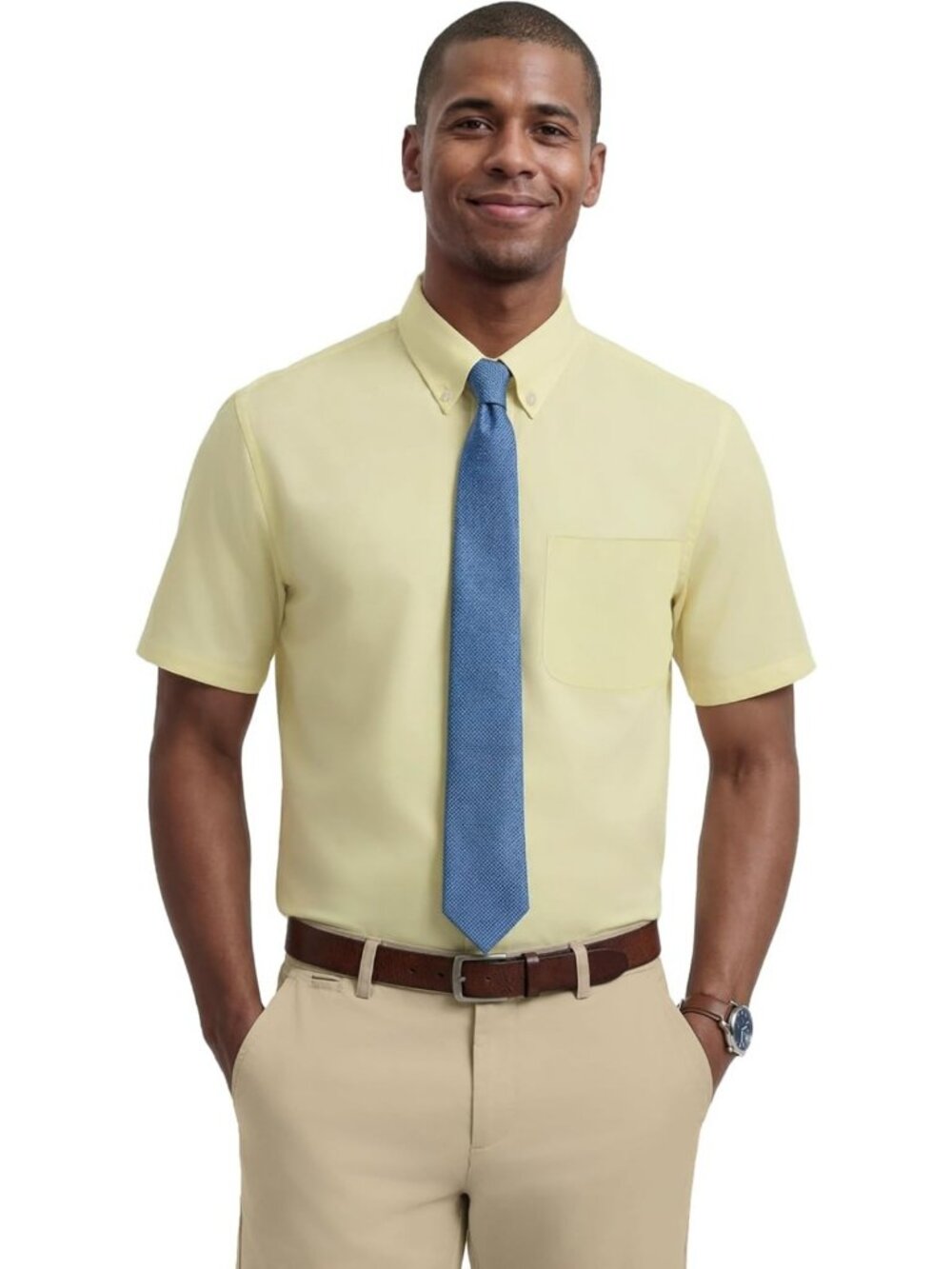 Men's Regular Fit Oxford Dress Shirt - Short Sleeve, Stretch, Button Down Collar